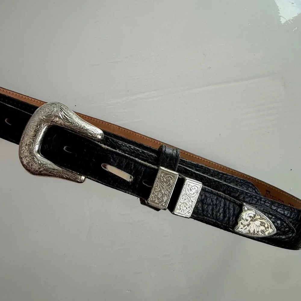 Vintage Fisher Western Style Silver-Toned Buckle Black Leather Belt